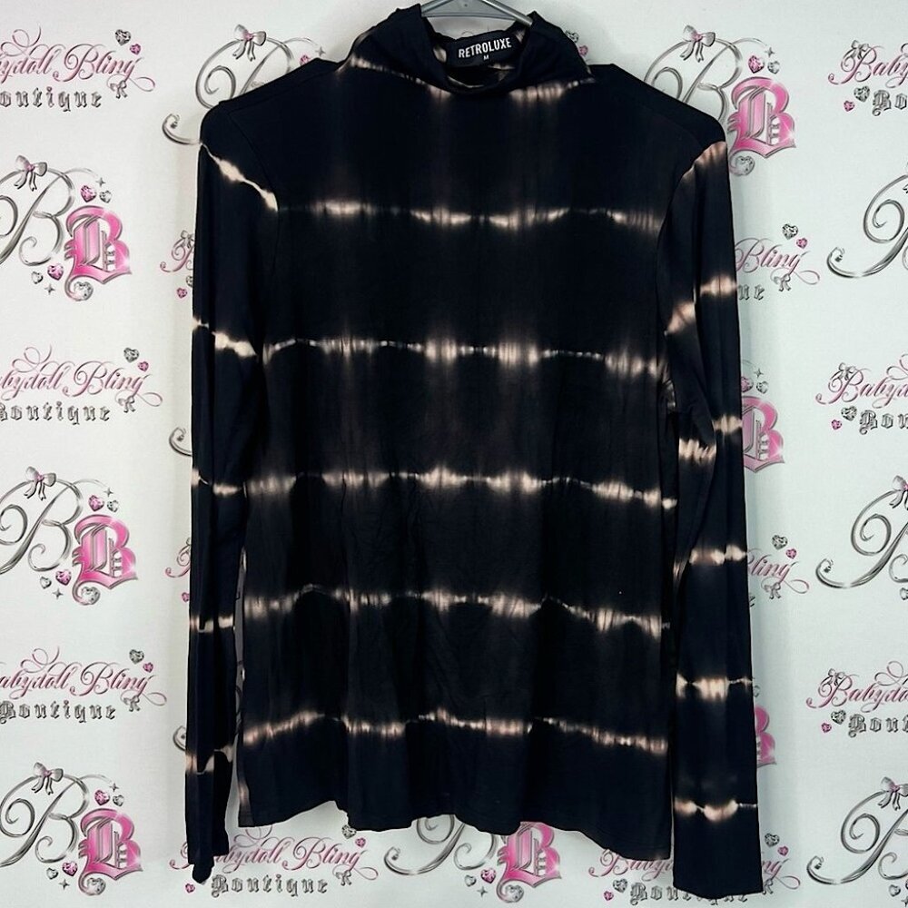 Retroluxe long sleeve turtleneck boho stretchy Black Tie-Dye Shirt